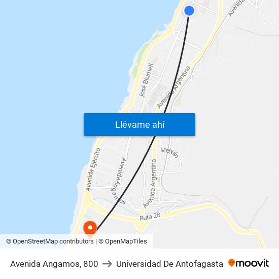 Avenida Angamos, 800 to Universidad De Antofagasta map