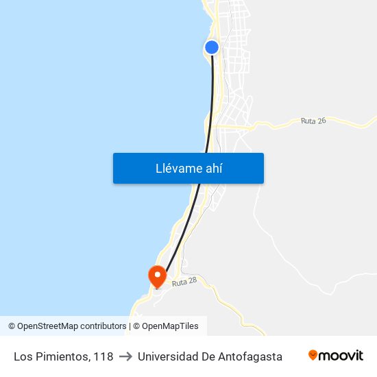 Los Pimientos, 118 to Universidad De Antofagasta map