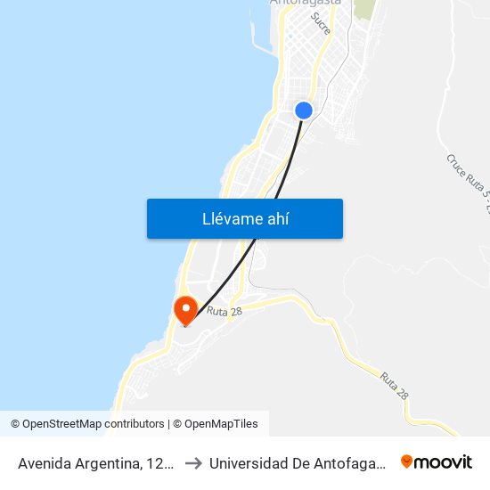 Avenida Argentina, 1215 to Universidad De Antofagasta map