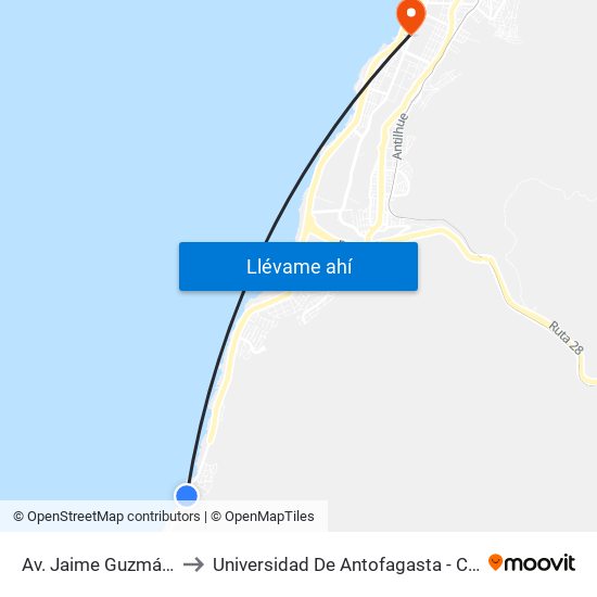 Av. Jaime Guzmán Errázuriz to Universidad De Antofagasta - Campus Angamos map