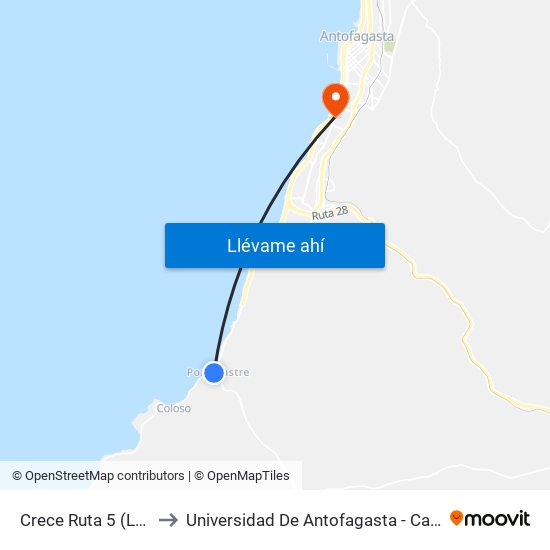 Crece Ruta 5 (Las Breas) to Universidad De Antofagasta - Campus Angamos map