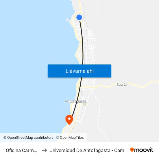 Oficina Carmela, 254 to Universidad De Antofagasta - Campus Angamos map