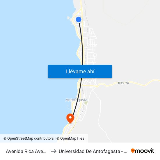 Avenida Rica Aventura, 11435 to Universidad De Antofagasta - Campus Angamos map