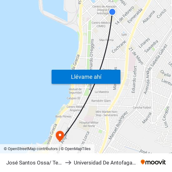 José Santos Ossa/ Teniente Manuel Orella to Universidad De Antofagasta - Campus Angamos map