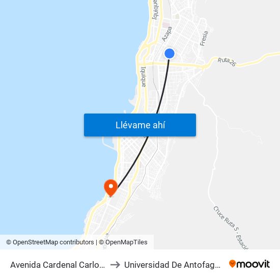 Avenida Cardenal Carlos Oviedo Cavada, 5194 to Universidad De Antofagasta - Campus Angamos map