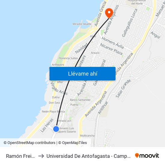 Ramón Freire, 05 to Universidad De Antofagasta - Campus Angamos map