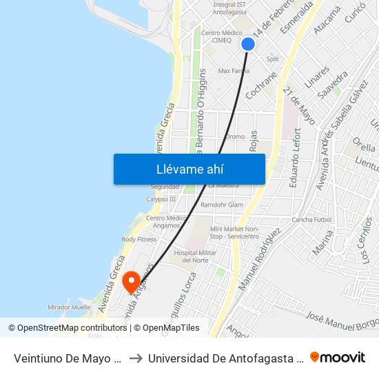 Veintiuno De Mayo / 14 De Febreo to Universidad De Antofagasta - Campus Angamos map