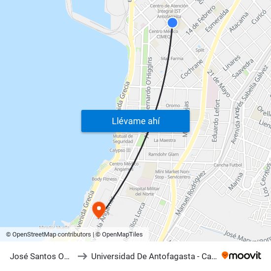 José Santos Ossa, 2115 to Universidad De Antofagasta - Campus Angamos map