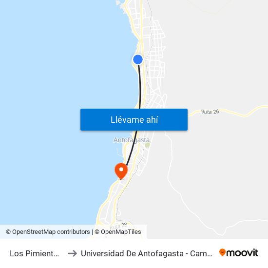 Los Pimientos, 118 to Universidad De Antofagasta - Campus Angamos map