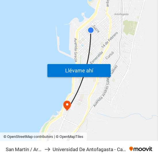 San Martín / Arturo Prat to Universidad De Antofagasta - Campus Angamos map