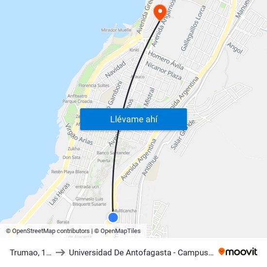 Trumao, 1200 to Universidad De Antofagasta - Campus Angamos map