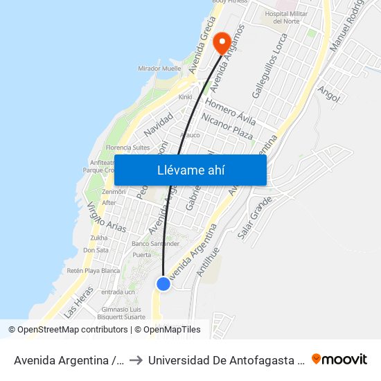 Avenida Argentina / Altos Del Mar to Universidad De Antofagasta - Campus Angamos map