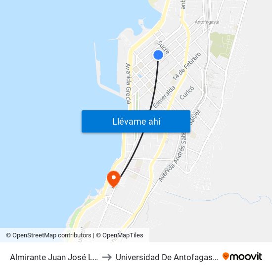 Almirante Juan José Latorre / Baquedano to Universidad De Antofagasta - Campus Angamos map