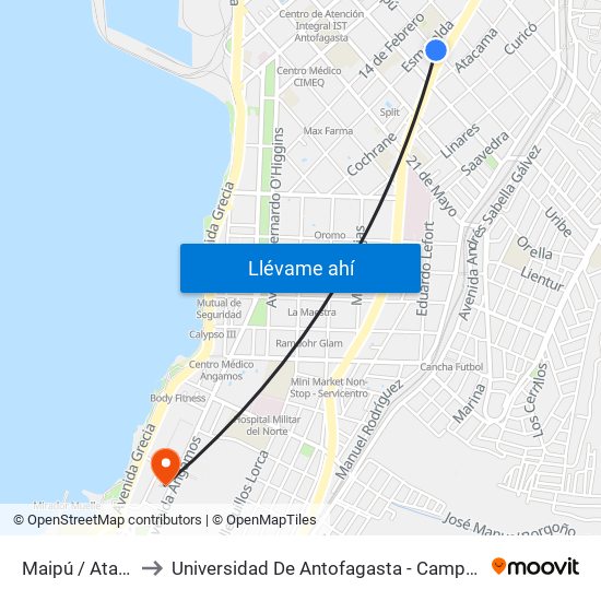 Maipú / Atacama to Universidad De Antofagasta - Campus Angamos map