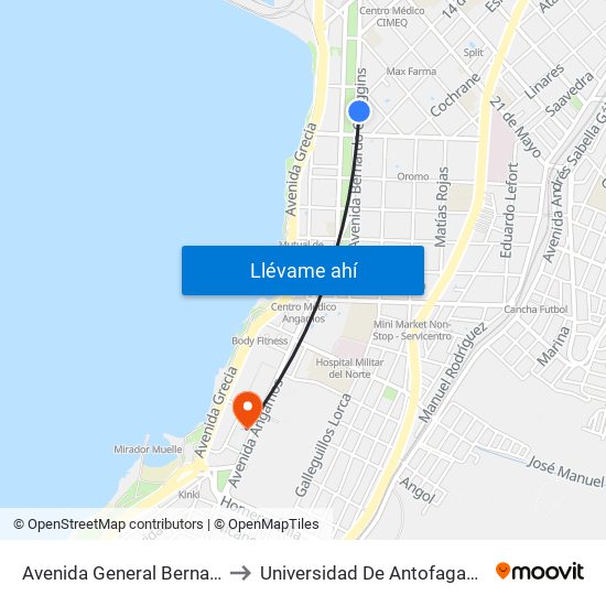 Avenida General Bernardo O'Higgins, 1760 to Universidad De Antofagasta - Campus Angamos map