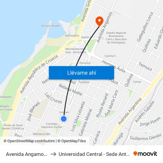 Avenida Angamos, 250 to Universidad Central - Sede Antofagasta map