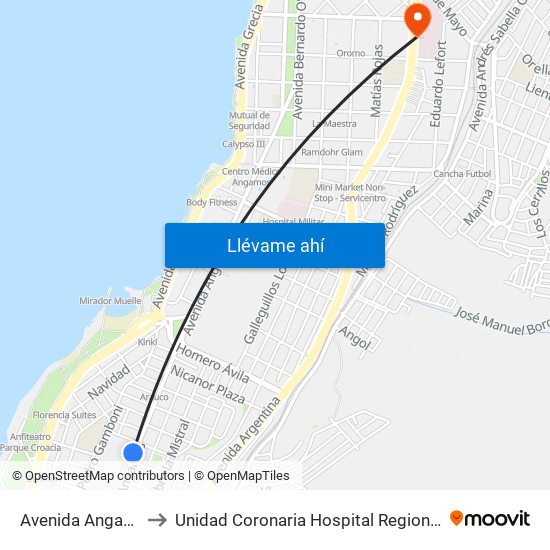Avenida Angamos, 250 to Unidad Coronaria Hospital Regional de Antofagasta map