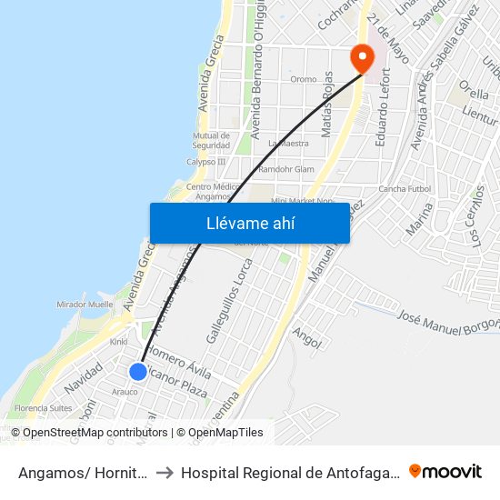 Angamos/ Hornitos to Hospital Regional de Antofagasta map