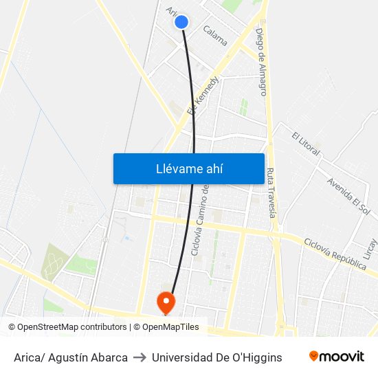Arica/ Agustín Abarca to Universidad De O'Higgins map