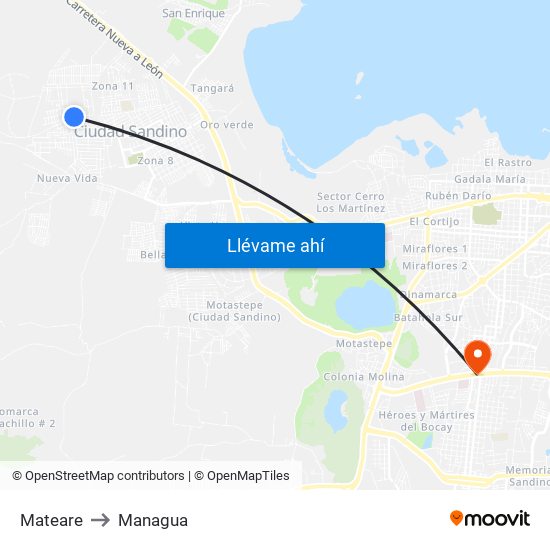 Mateare to Managua map