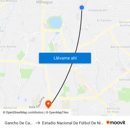Gancho De Camino to Estadio Nacional De Fútbol De Nicaragua map