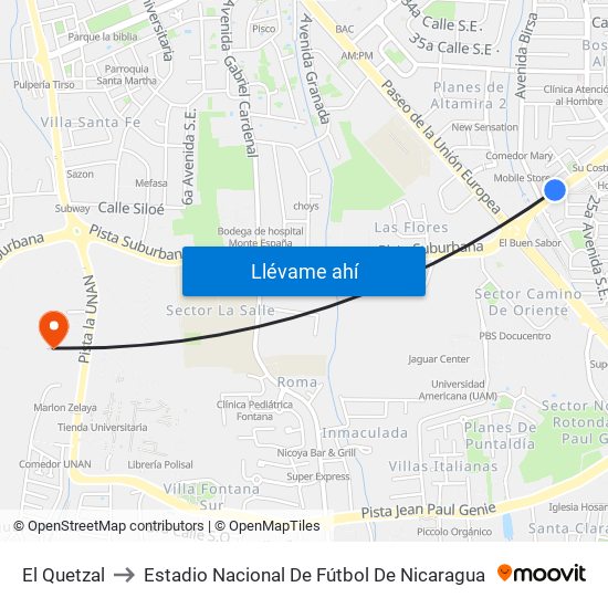 El Quetzal to Estadio Nacional De Fútbol De Nicaragua map