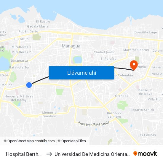 Hospital Bertha Calderón to Universidad De Medicina Oriental Japón-Nicaragua map