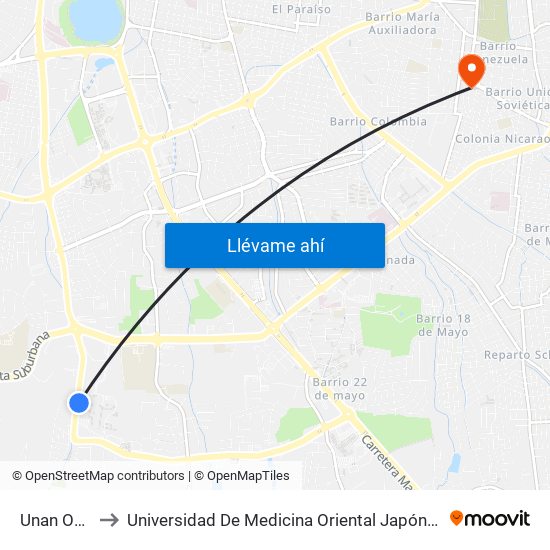 Unan Oeste to Universidad De Medicina Oriental Japón-Nicaragua map
