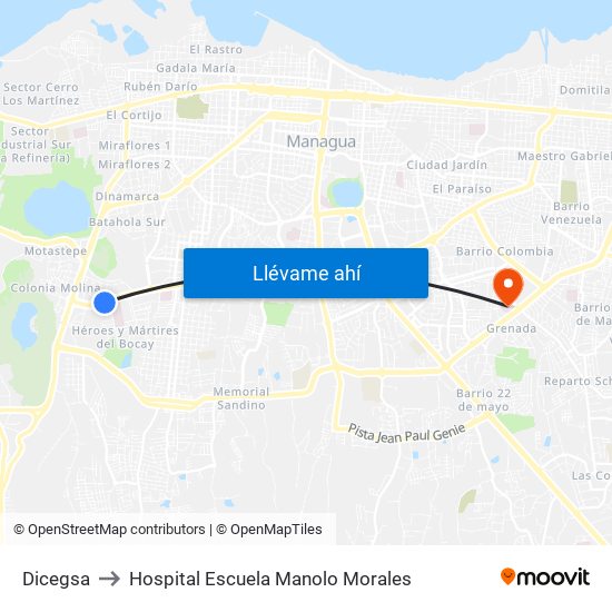 Dicegsa to Hospital Escuela Manolo Morales map