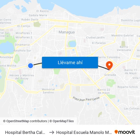 Hospital Bertha Calderón to Hospital Escuela Manolo Morales map