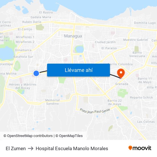 El Zumen to Hospital Escuela Manolo Morales map