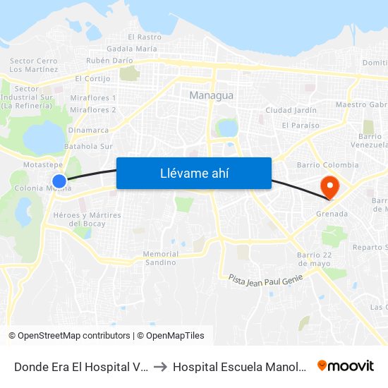 Donde Era El Hospital Velez Paiz to Hospital Escuela Manolo Morales map