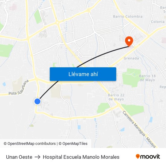 Unan Oeste to Hospital Escuela Manolo Morales map