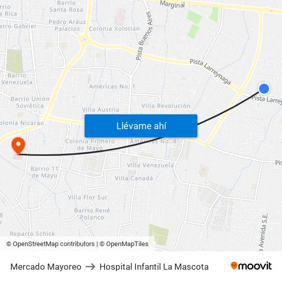 Mercado Mayoreo to Hospital Infantil La Mascota map