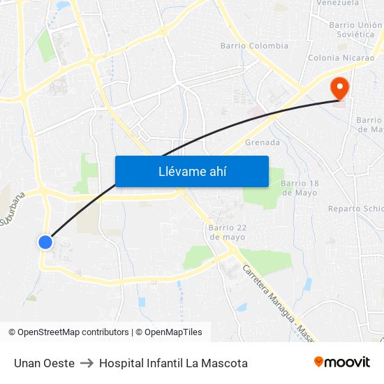 Unan Oeste to Hospital Infantil La Mascota map