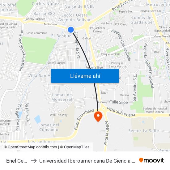 Enel Central to Universidad Iberoamericana De Ciencia Y Tecnología map