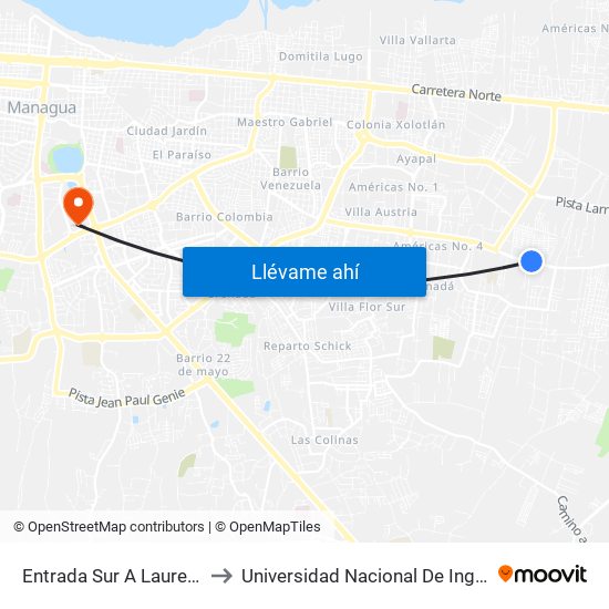 Entrada Sur A Laureles Norte to Universidad Nacional De Ingenieria (Uni) map