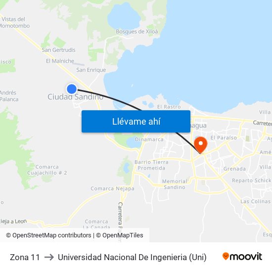 Zona 11 to Universidad Nacional De Ingenieria (Uni) map