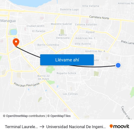 Terminal Laureles Sur to Universidad Nacional De Ingenieria (Uni) map