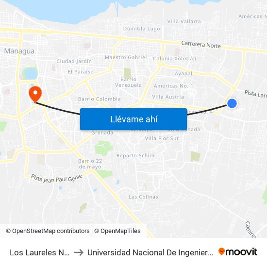 Los Laureles Norte to Universidad Nacional De Ingenieria (Uni) map