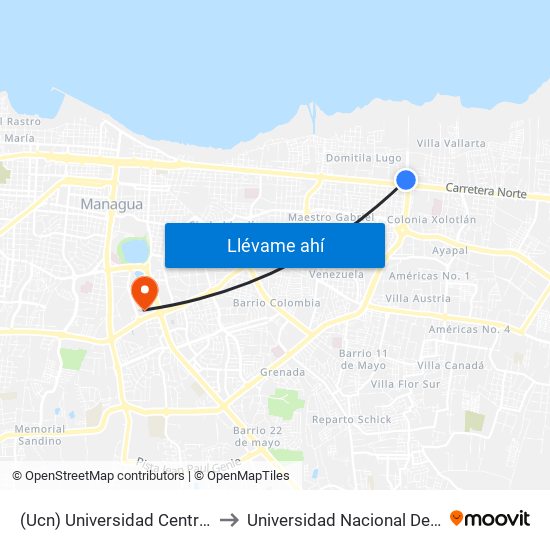 (Ucn) Universidad Central De Nicaragua to Universidad Nacional De Ingenieria (Uni) map
