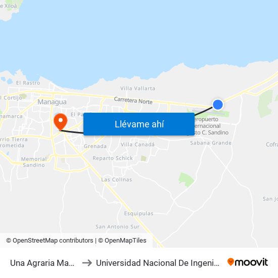 Una Agraria Managua to Universidad Nacional De Ingenieria (Uni) map