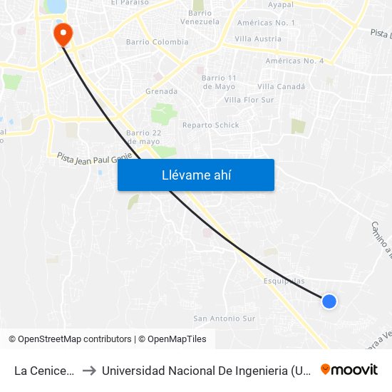 La Cenicera to Universidad Nacional De Ingenieria (Uni) map