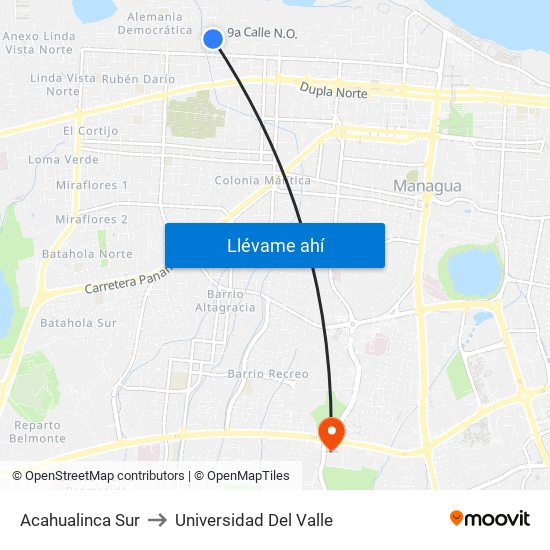 Acahualinca Sur to Universidad Del Valle map