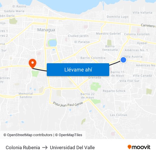 Colonia Rubenia to Universidad Del Valle map