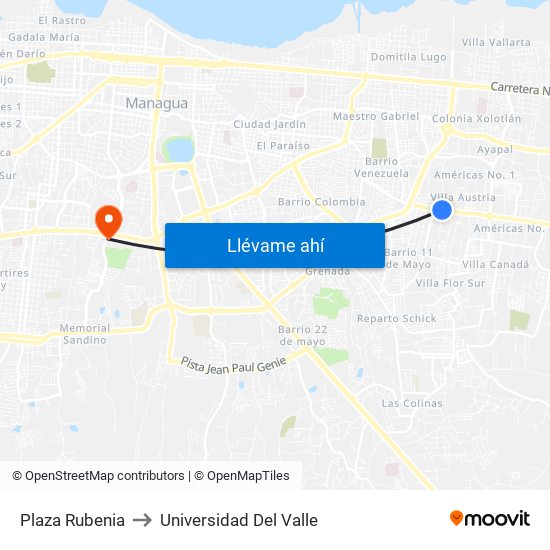 Plaza Rubenia to Universidad Del Valle map