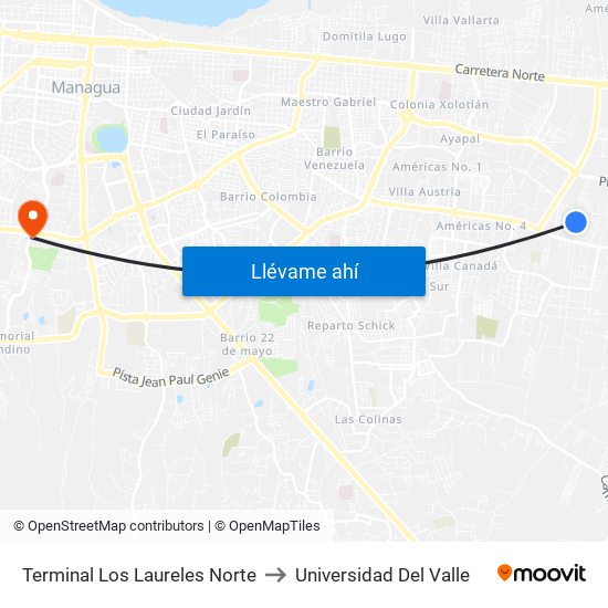 Terminal Los Laureles Norte to Universidad Del Valle map