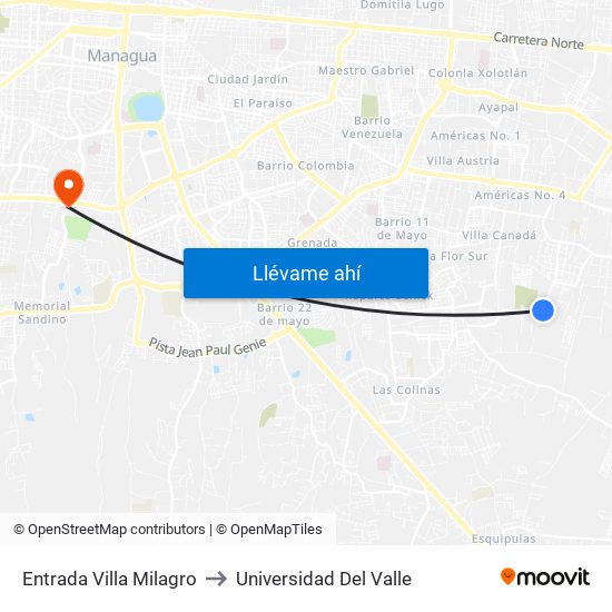 Entrada Villa Milagro to Universidad Del Valle map