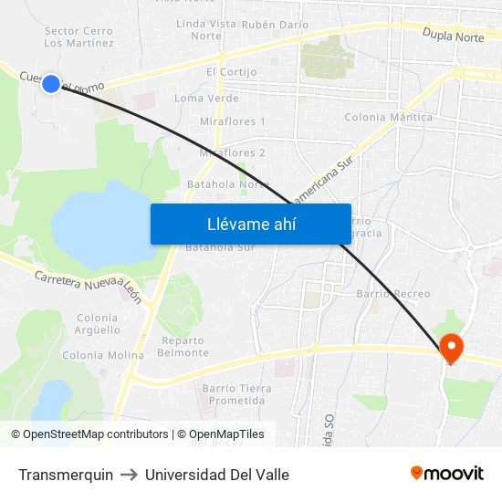 Transmerquin to Universidad Del Valle map