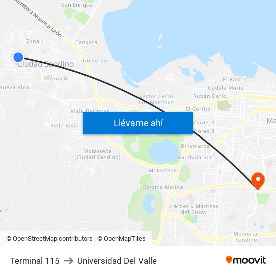 Terminal 115 to Universidad Del Valle map